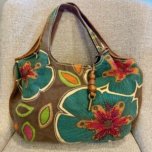 Fossil Floral Embroidered Shoulder Bag - Brown and Teal